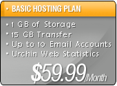 Basic Hosting Plan: 1 GB of Storage, 15 GB Transfer, Up to 10 Email Accounts, Urchin Web Statistics for $39.99/Month